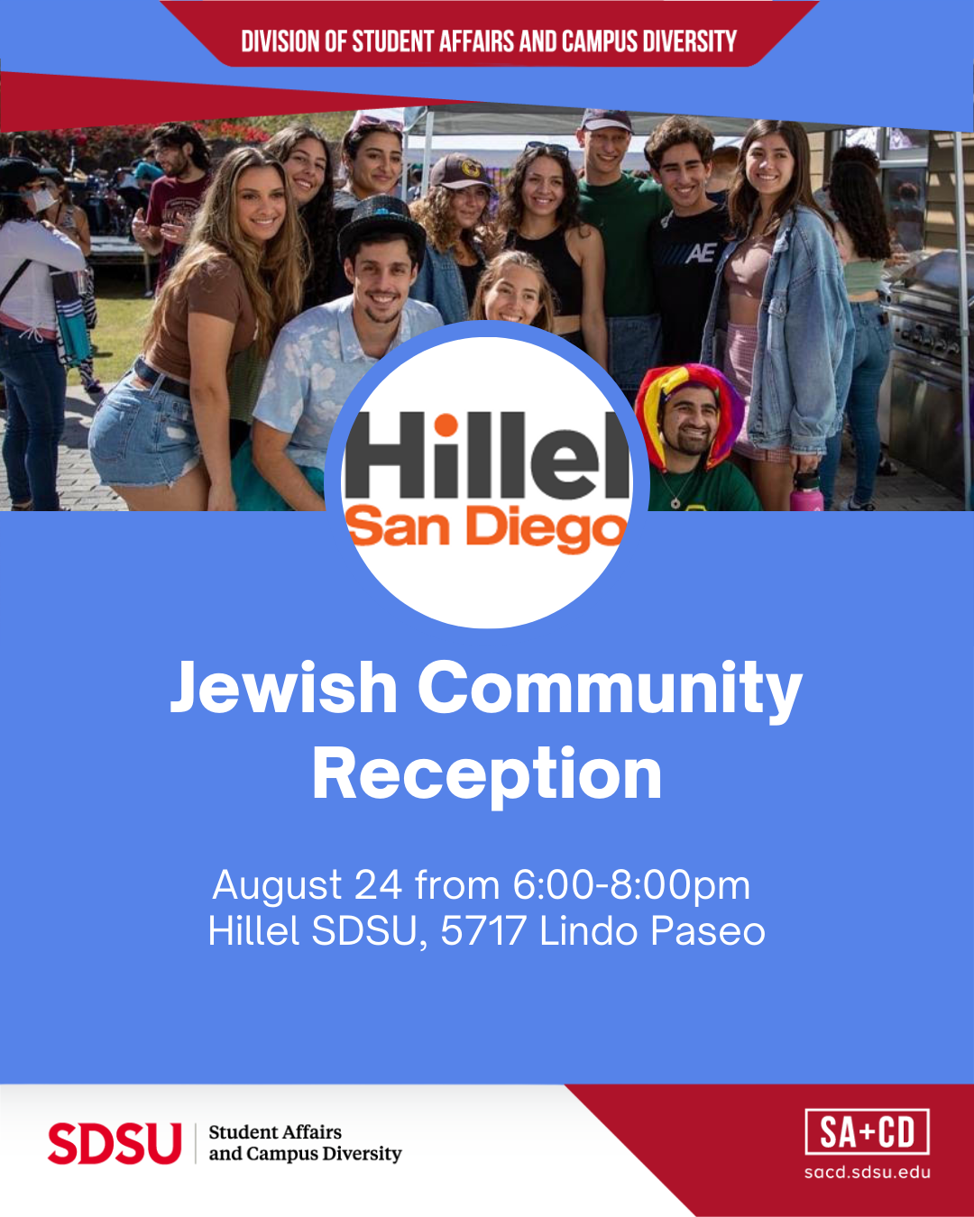 Jewish Community Reception Aug 24, 6-8p at Hillel SDSU