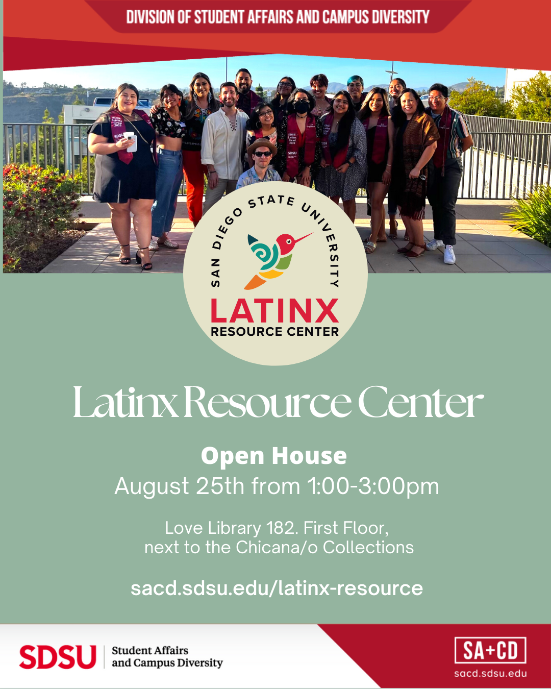 Latinx Resource Center Welcome Mixer Aug 25, 1 - 3 pm at the Love Library 182