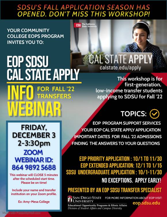 Flyer to promote EOP transfer admission information for fall 2022 applicants. 
