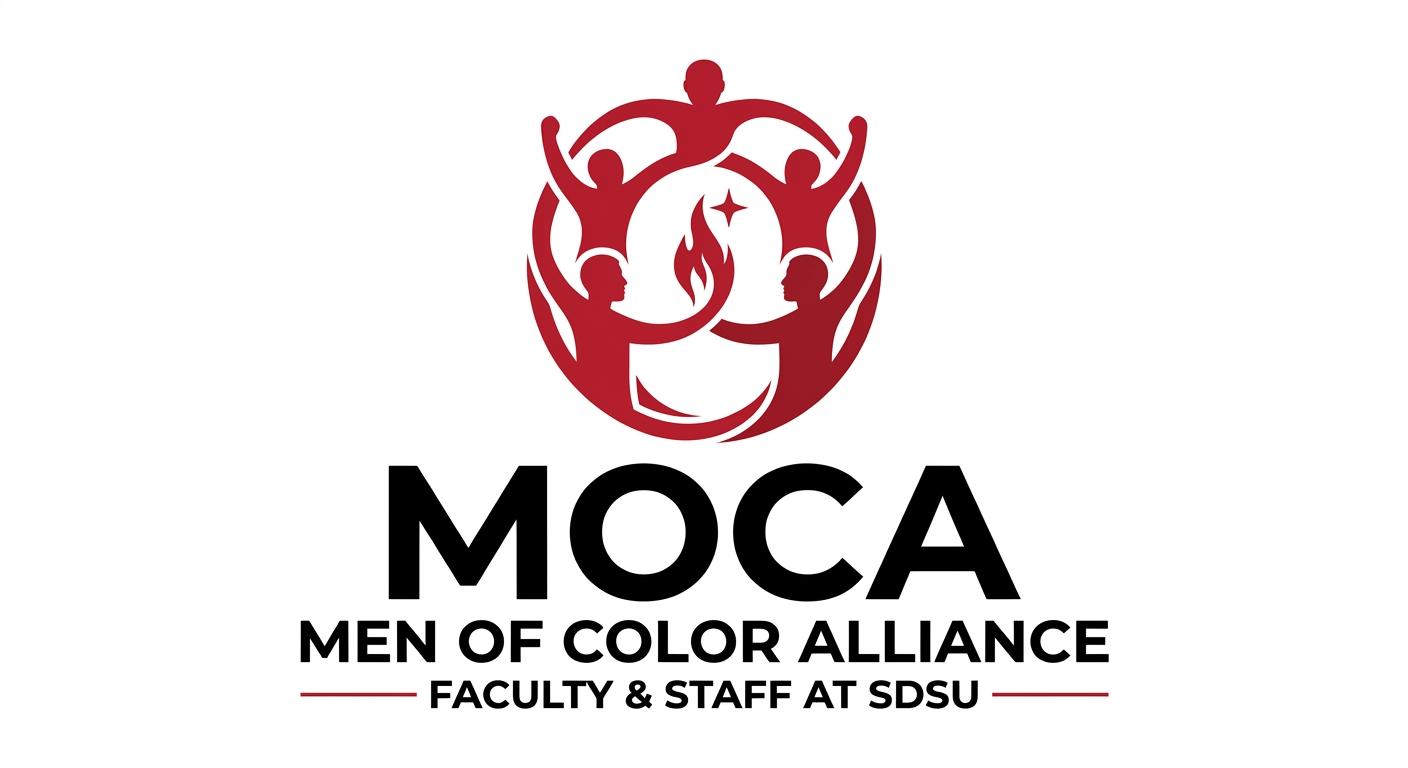 Logo for the Men of Color Alliance (MOCA), Faculty & Staff at SDSU. The logo features a red circular emblem with stylized human figures surrounding a flame and star, above bold black text reading “MOCA,” “MEN OF COLOR ALLIANCE,” and “FACULTY & STAFF AT SDSU."