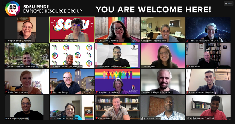 A Zoom screenshot of 20 smiling Pride ERG members taken in 2021