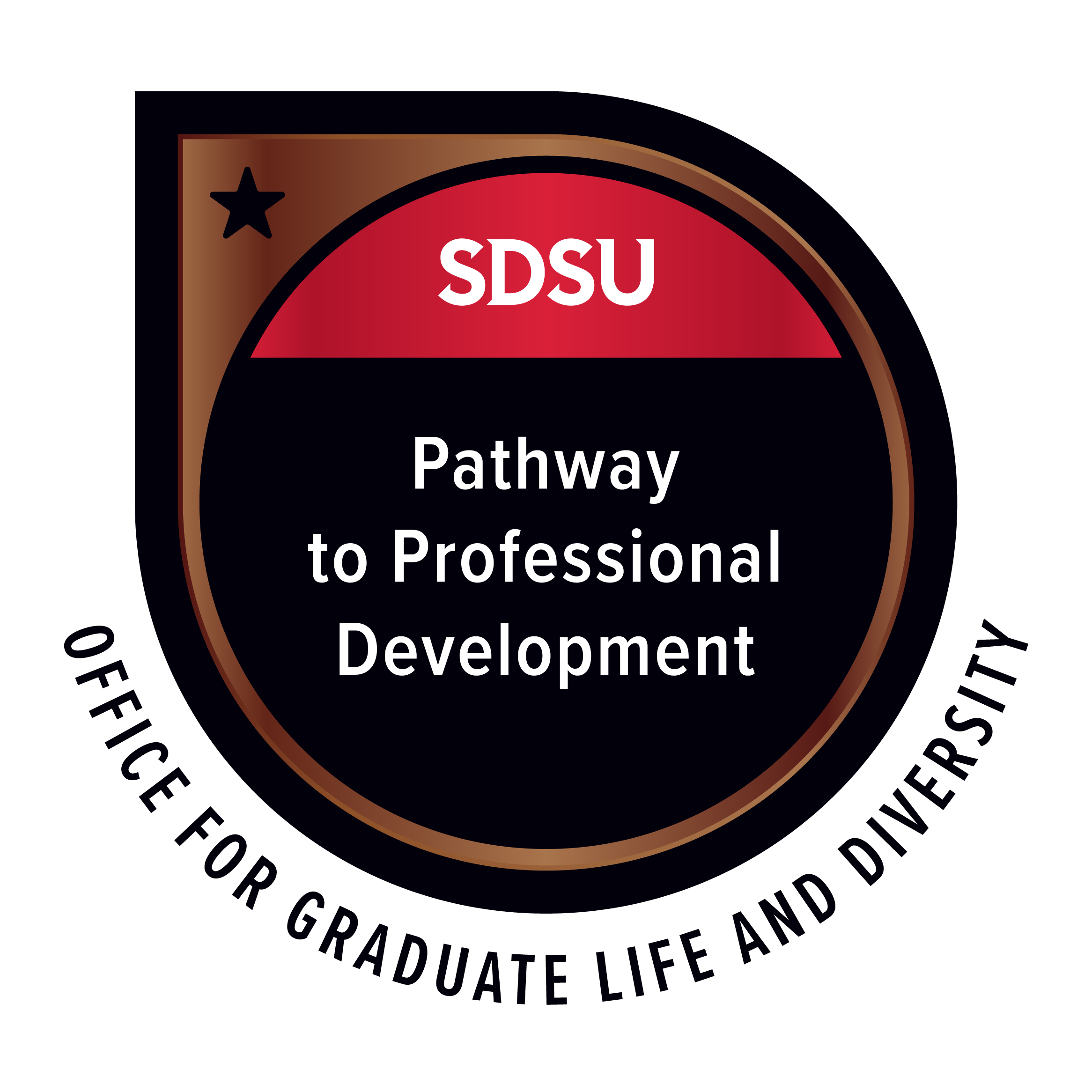 Red, bronze, and black Pathway to Professional Development badge that states the name of the badge, SDSU, and underneath it GLaD