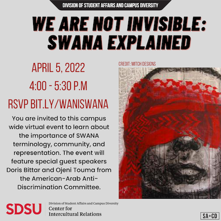 Flyer for SWANA event.  A grey background with black and red accents and a greyscale face obscured with a red patterned cloth.