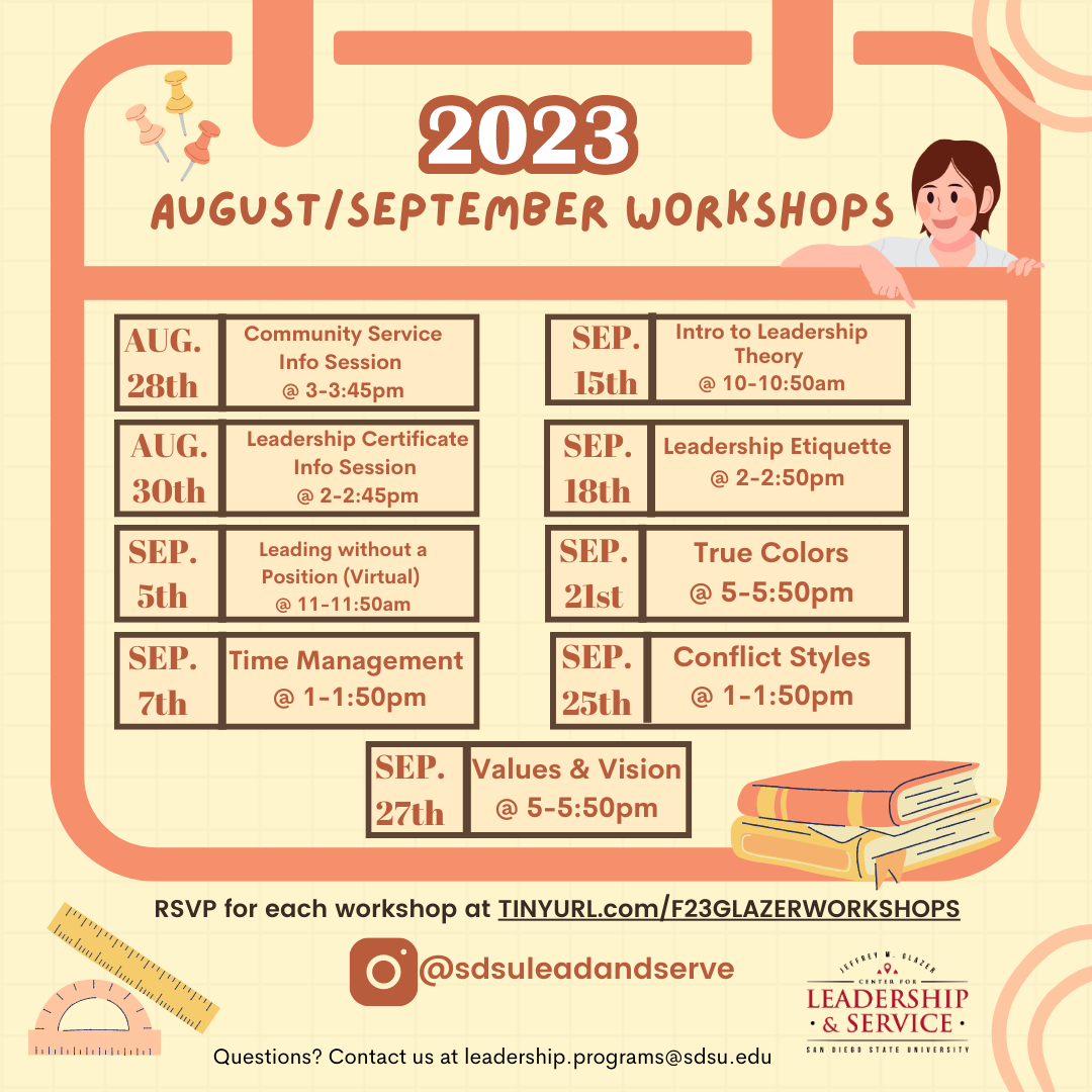 2023 august/september workshop schedule that is also detailed in the text directly below